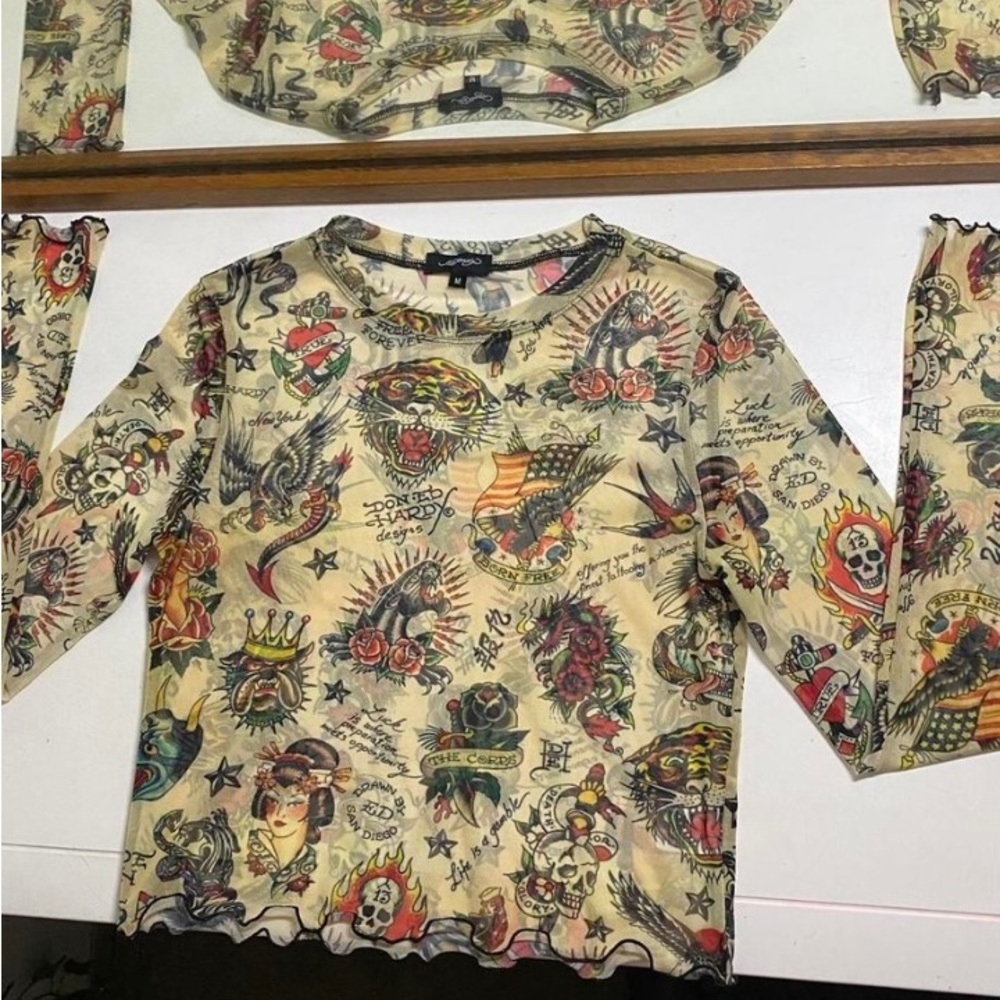 Ed hardy tattoo design mesh long sleeve top